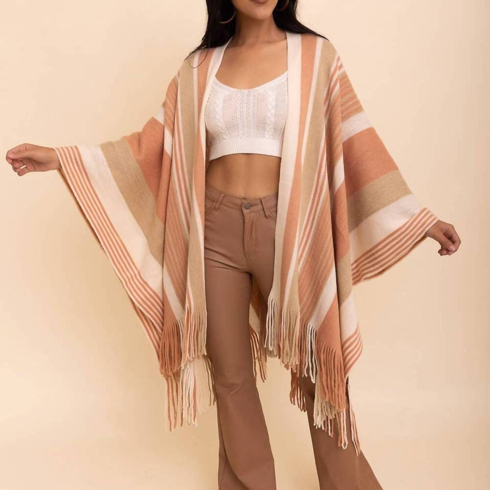 NEW LETO striped fringe edge ruana wrap in beige